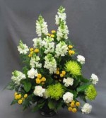 A pewter-coloured vase holds this yellow and white combination. Colours may be changed to suit your requirements. White Snapdragons, green Rivert Chrysanthemums, white Carnations, and sunny yellow Statesman Chrysanthemums make a one-sided arrangement
