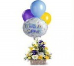A terrific gift for a new baby boy. A basket full of flowers is finished with 1 mylar and 3 multi-coloured latex balloons in an impressive display. The arrangement includes purple Iris, white Lisianthus, yellow Alstroemeria, and more. Balloon design will vary.