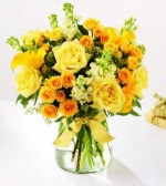 Their Golden Anniversary is a milestone worthy of celebration. Congratulate them for their accomplishment with this special gift. Our golden bouquet holds yellow roses, yellow snapdragons and creamy, fragrant Stock or Snapdragons. All are arranged in a  glass vase and trimmed with a gold ribbon bow. We can arrange the flower delivery anytime.