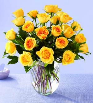 Bright yellow roses arranged in a vase with mixed greenery. We use hummer or Gold Strike roses.Sunny and bright 24 graceful yellow long stem roses are arranged with greens in a clear glass vase. Sunny enough for a celebration, but soothing enough for a Get Well or Sympathy gift. We do have other colours!
