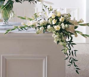 When searching for an appropriate bouquet for the home or funeral home, this Oriental lily, rose, and Gladiolus or Snapdragon arrangement is an excellent choice.